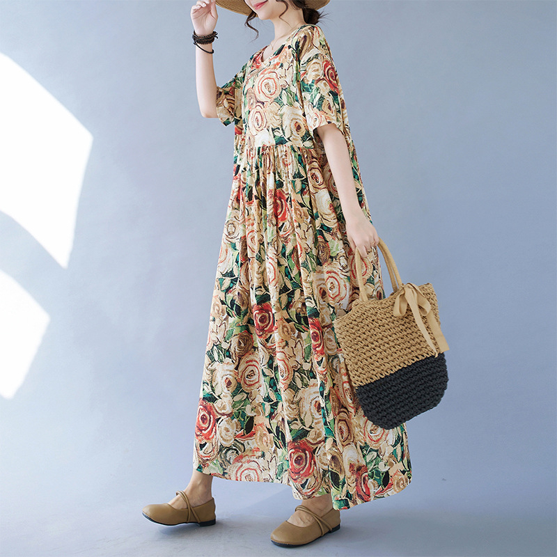 Jednostavna modna boemska haljina za ljeto 2024., nova prekogranična luksuzna haljina s kratkim rukavima i okruglim izrezom, printana