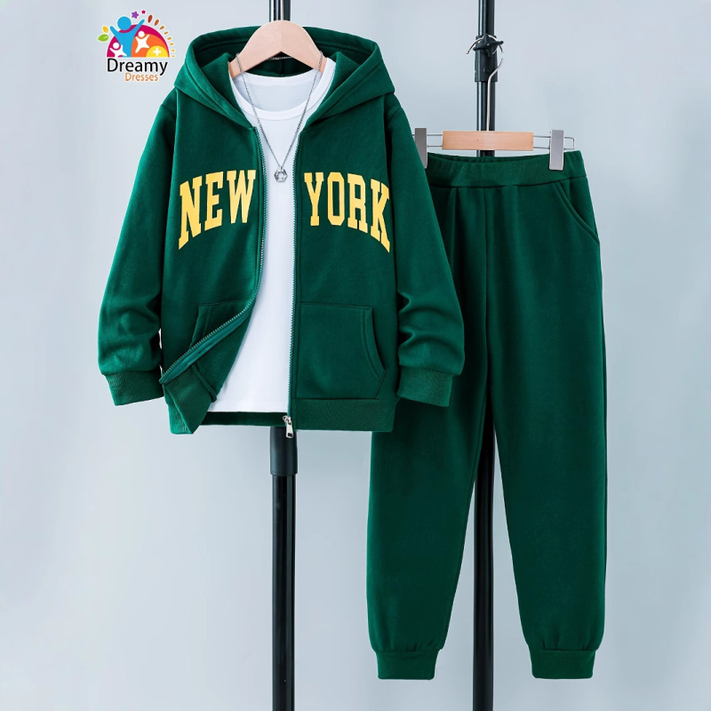 Tamnozeleno modno odijelo s kapuljačom i patentnim zatvaračem za dječake za jesen i zimu, tamnozelene boje