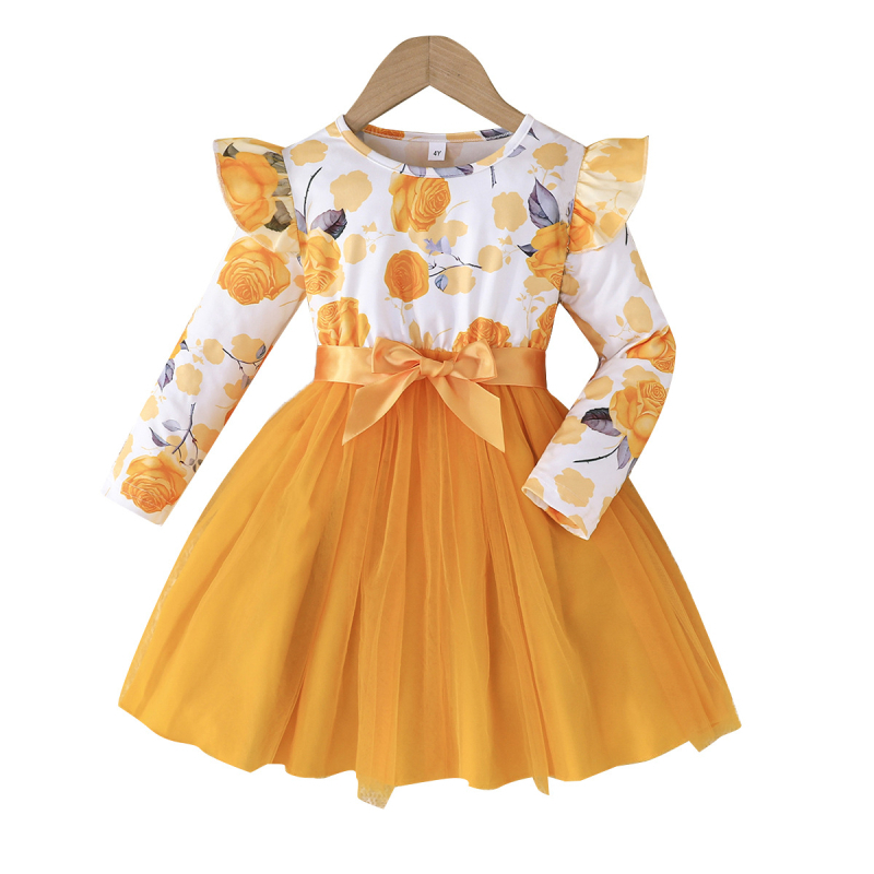 Išskirtinė tarpvalstybinė pavasario ir rudens mergaičių marginta laisvalaikio suknelė. Mergaičių ilgarankovė tinklinio audinio suknelė.