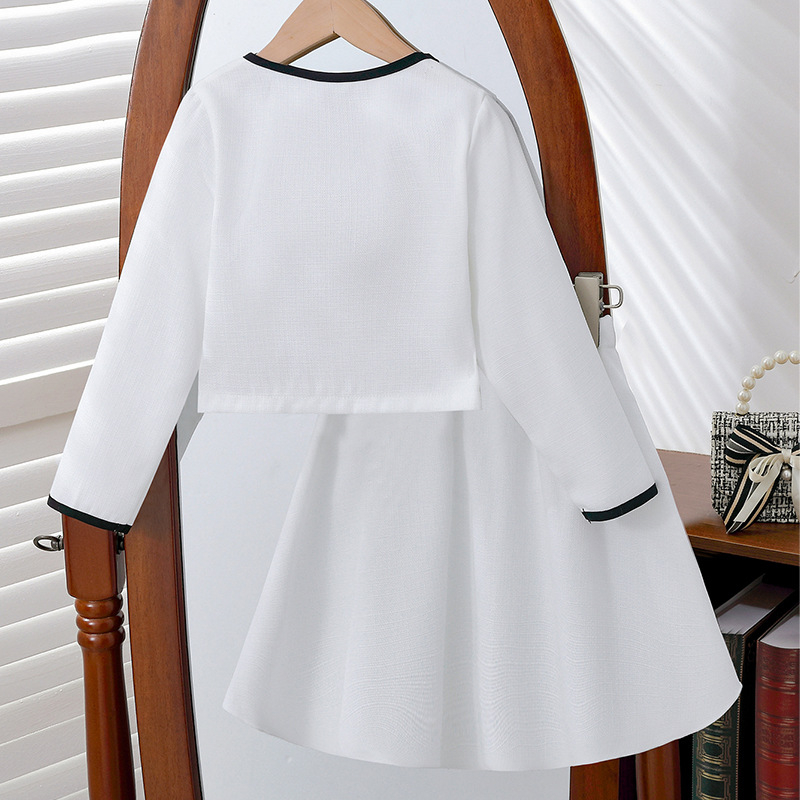 Dječji komplet od dva dijela za jesen i zimu u Chanel stilu za djevojčice, ružičasto-bijela jakna s okruglim izrezom i mašnom