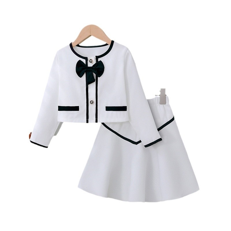 Dječji komplet od dva dijela za jesen i zimu u Chanel stilu za djevojčice, ružičasto-bijela jakna s okruglim izrezom i mašnom