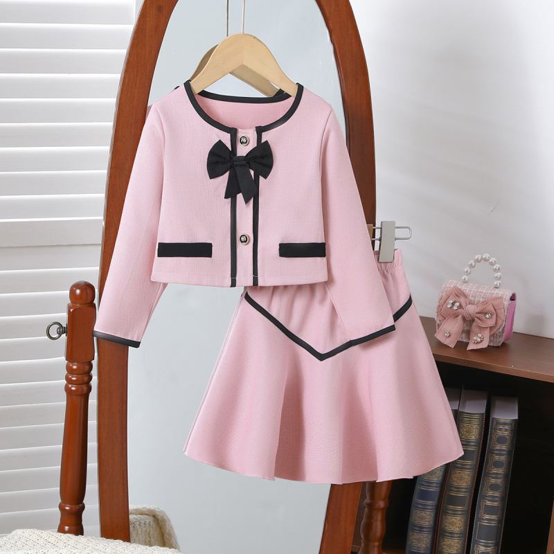 Dječji komplet od dva dijela za jesen i zimu u Chanel stilu za djevojčice, ružičasto-bijela jakna s okruglim izrezom i mašnom