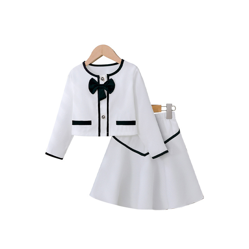 Dječji komplet od dva dijela za jesen i zimu u Chanel stilu za djevojčice, ružičasto-bijela jakna s okruglim izrezom i mašnom