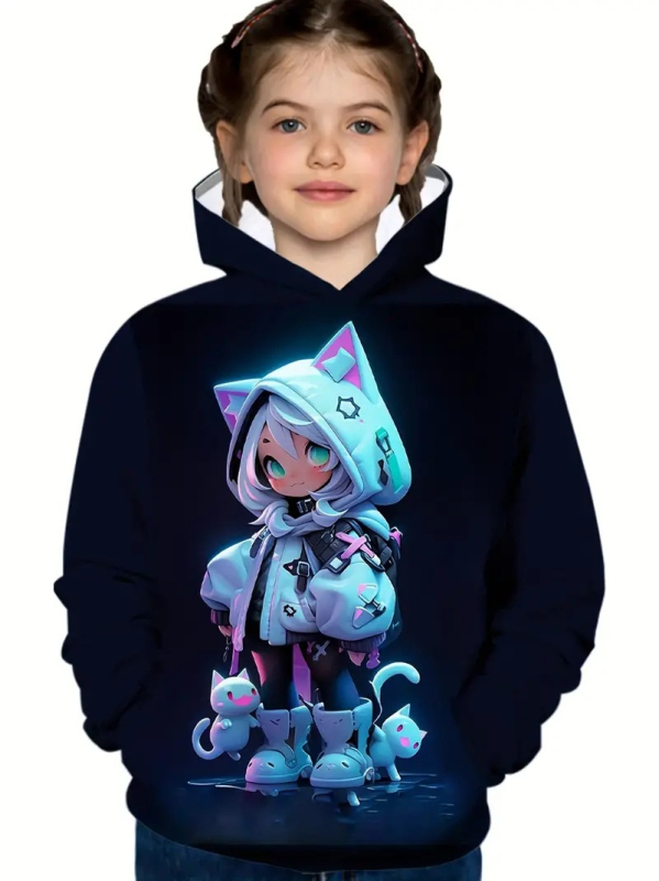 Europska i američka prekogranična modna Meow Star Girl 3D digitalni tisak za djevojčice, ležerna široka pulover s kapuljačom i širokim ramenima