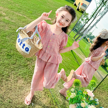 Djevojačko ljetno odijelo 2024. Novo modno sportsko odijelo za djevojčice u boji s kopčom, karirano odijelo od dva dijela