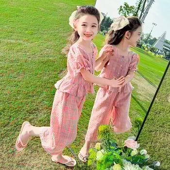 Djevojačko ljetno odijelo 2024. Novo modno sportsko odijelo za djevojčice u boji s kopčom, karirano odijelo od dva dijela