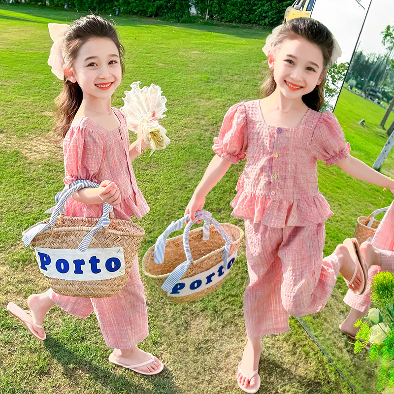 Djevojačko ljetno odijelo 2024. Novo modno sportsko odijelo za djevojčice u boji s kopčom, karirano odijelo od dva dijela