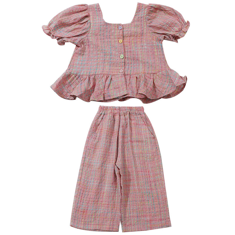 Djevojačko ljetno odijelo 2024. Novo modno sportsko odijelo za djevojčice u boji s kopčom, karirano odijelo od dva dijela