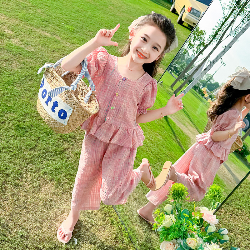 Djevojačko ljetno odijelo 2024. Novo modno sportsko odijelo za djevojčice u boji s kopčom, karirano odijelo od dva dijela