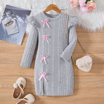 Európske a americké dievčenské trojrozmerné mašľové šaty s malým rozparkom a dlhým rukávom, rozdelená sukňa s úzkym bokom a módnym dizajnom