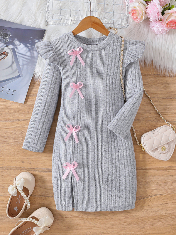 Európske a americké dievčenské trojrozmerné mašľové šaty s malým rozparkom a dlhým rukávom, rozdelená sukňa s úzkym bokom a módnym dizajnom