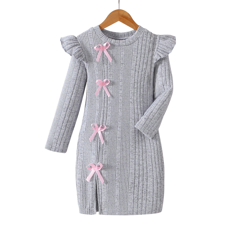 Európske a americké dievčenské trojrozmerné mašľové šaty s malým rozparkom a dlhým rukávom, rozdelená sukňa s úzkym bokom a módnym dizajnom