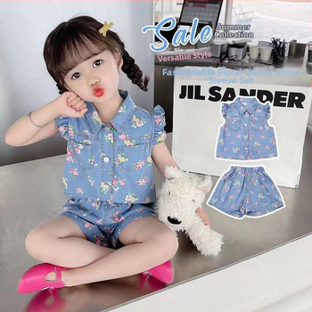 Κοριτσίστικο κοστούμι 2024 Νέο καλοκαιρινό φόρεμα για παιδιά, σετ δύο τεμαχίων, με κοντό μανίκι, λεπτό τζιν με φλοράλ σχέδια, για μωρά κορίτσια, σετ δύο τεμαχίων