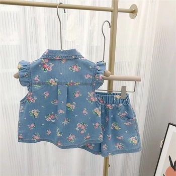 Κοριτσίστικο κοστούμι 2024 Νέο καλοκαιρινό φόρεμα για παιδιά, σετ δύο τεμαχίων, με κοντό μανίκι, λεπτό τζιν με φλοράλ σχέδια, για μωρά κορίτσια, σετ δύο τεμαχίων