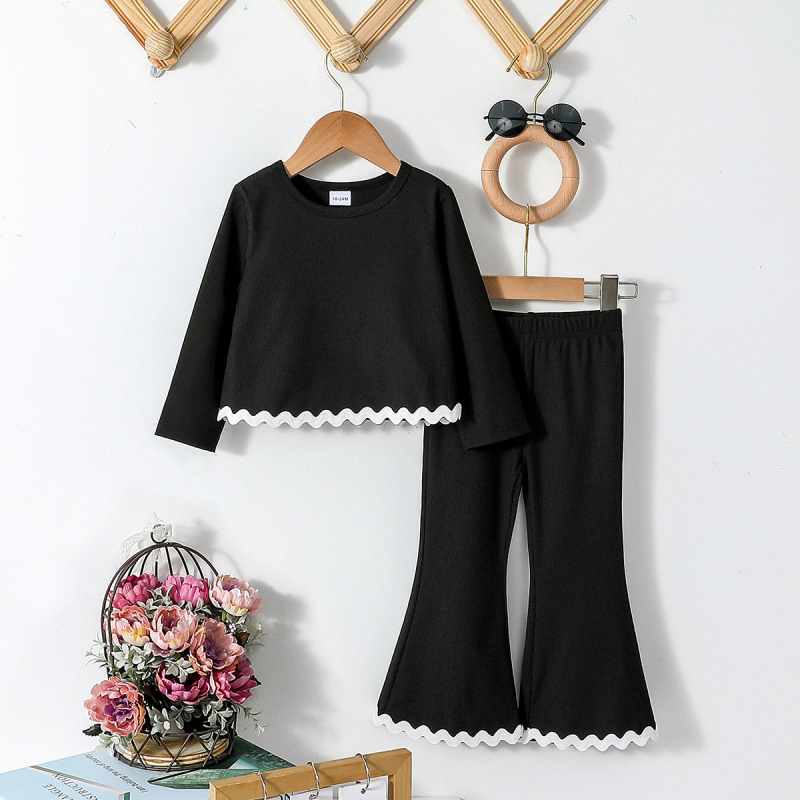 Dievčenská jesenná detská nová módna čierna dvojdielna súprava s dlhým rukávom a okrúhlym výstrihom