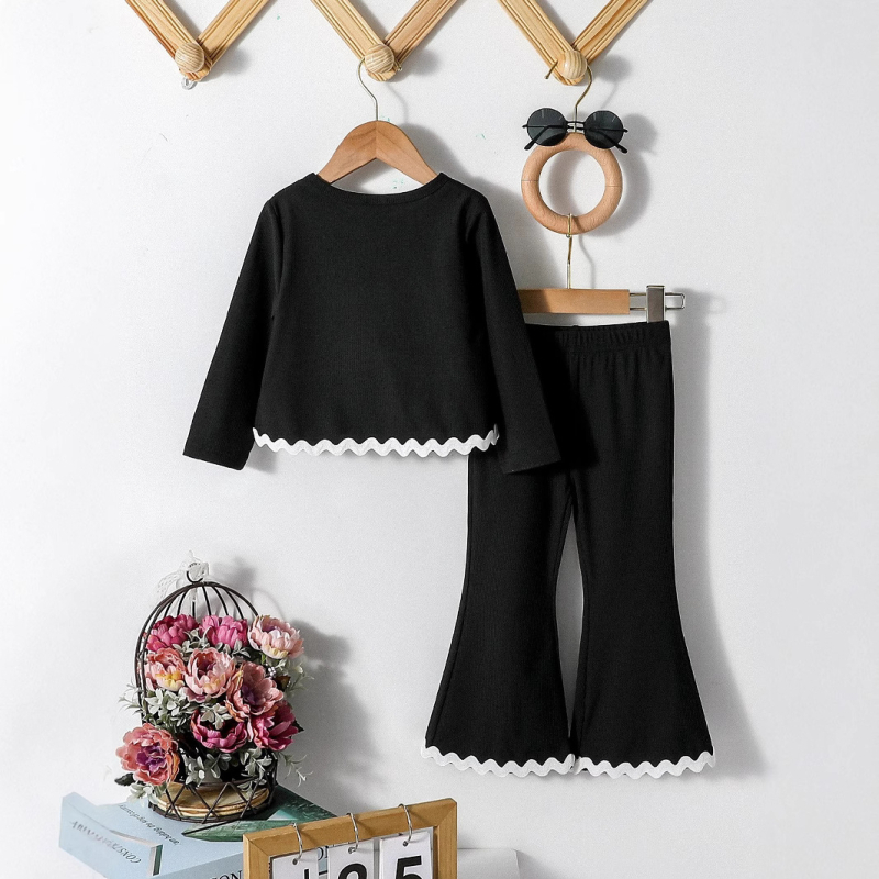 Dievčenská jesenná detská nová módna čierna dvojdielna súprava s dlhým rukávom a okrúhlym výstrihom