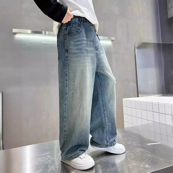 Poiste teksad 2025. aasta kevad- ja sügismood, uued, keskmised ja suured lastepüksid, laiad lastepüksid, vabaaja, sirged ja trendikad poiste püksid.