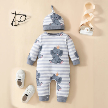 Piiriülene ja populaarne armas elevandiprindiga triibuline jumpsuit. Uus pikkade varrukatega tavaline jumpsuit beebielevandimütsiga.