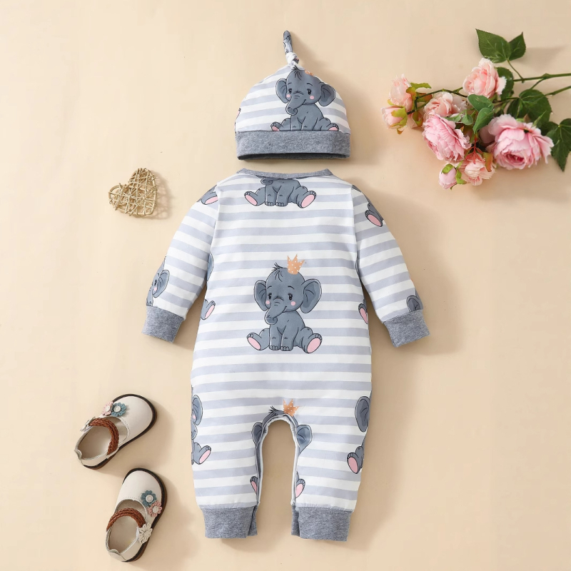 Piiriülene ja populaarne armas elevandiprindiga triibuline jumpsuit. Uus pikkade varrukatega tavaline jumpsuit beebielevandimütsiga.