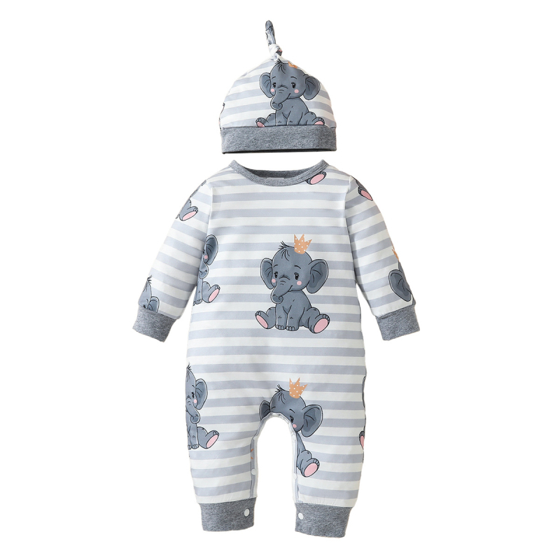 Piiriülene ja populaarne armas elevandiprindiga triibuline jumpsuit. Uus pikkade varrukatega tavaline jumpsuit beebielevandimütsiga.