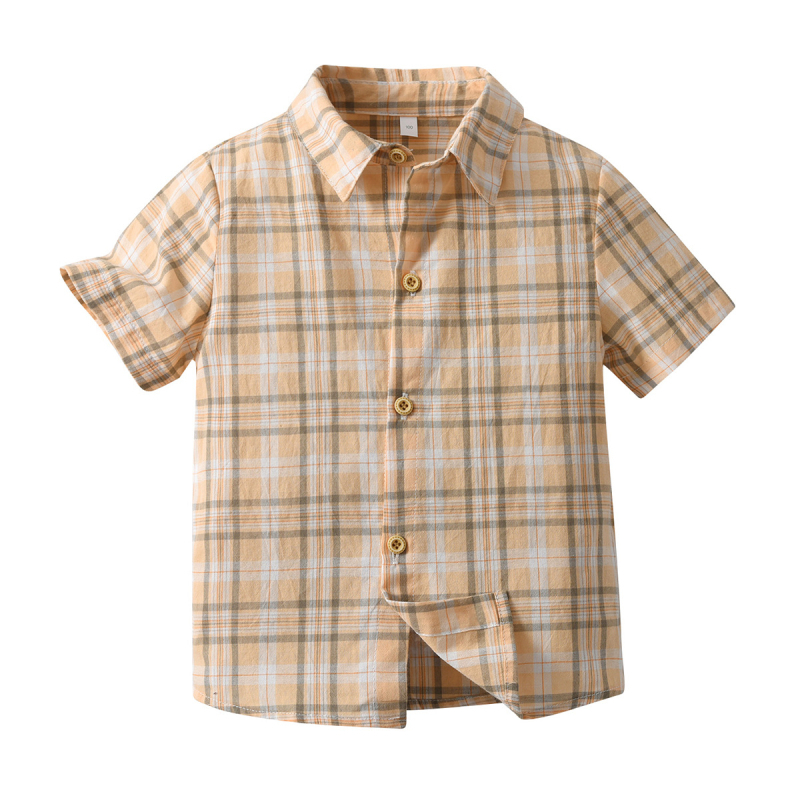 Nová letná tenká chlapčenská pruhovaná kockovaná košeľa s krátkym rukávom a klopou z roku 2024, cezhraničná