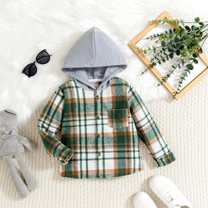 Chlapčenské tričko s dlhým rukávom, európske a americké zelené kockované tričko s kapucňou, jeseň a zima 2024, cezhraničné