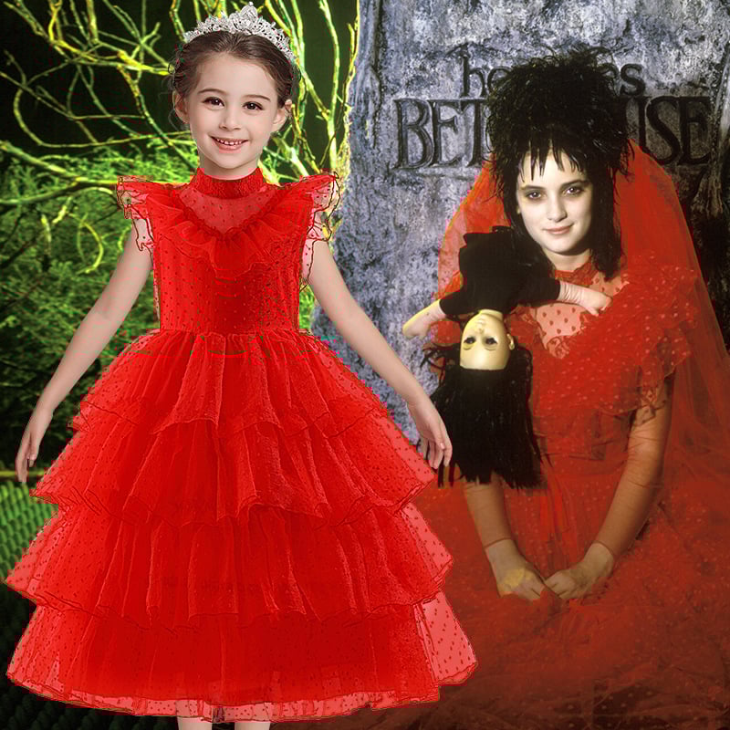 Ārējās tirdzniecības meiteņu bērnu apģērbs Sheol Mage Lydia sarkana kāzu kleita Cos Halloween Performance Beetle Juice svārki