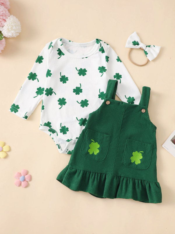 E2490 Μωρό Κορίτσι Μωρό Πριγκίπισσα Μακρυμάνικο Τετράφυλλο Τριφύλλι με Φούστα και Halter με Άχυρο, Σετ Τριών Τεμαχίων