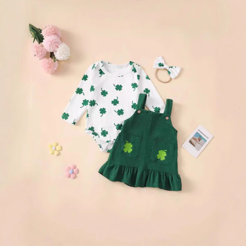 E2490 Μωρό Κορίτσι Μωρό Πριγκίπισσα Μακρυμάνικο Τετράφυλλο Τριφύλλι με Φούστα και Halter με Άχυρο, Σετ Τριών Τεμαχίων
