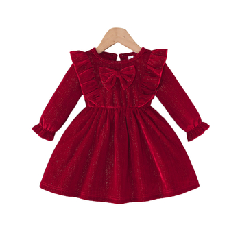 Διασυνοριακό Άνοιξη και Φθινόπωρο 2025 Νέο Γλυκό και Χαριτωμένο Φόρεμα Πριγκίπισσας με Φιόγκο, Μακρυμάνικο και Στρογγυλή Λαιμόκοψη, Απλό και Άνετο