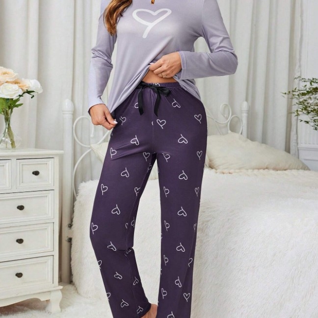 Európske a americké cezhraničné ležérne domáce oblečenie s potlačou v tvare srdca, nohavice s dlhým rukávom pre ženy
