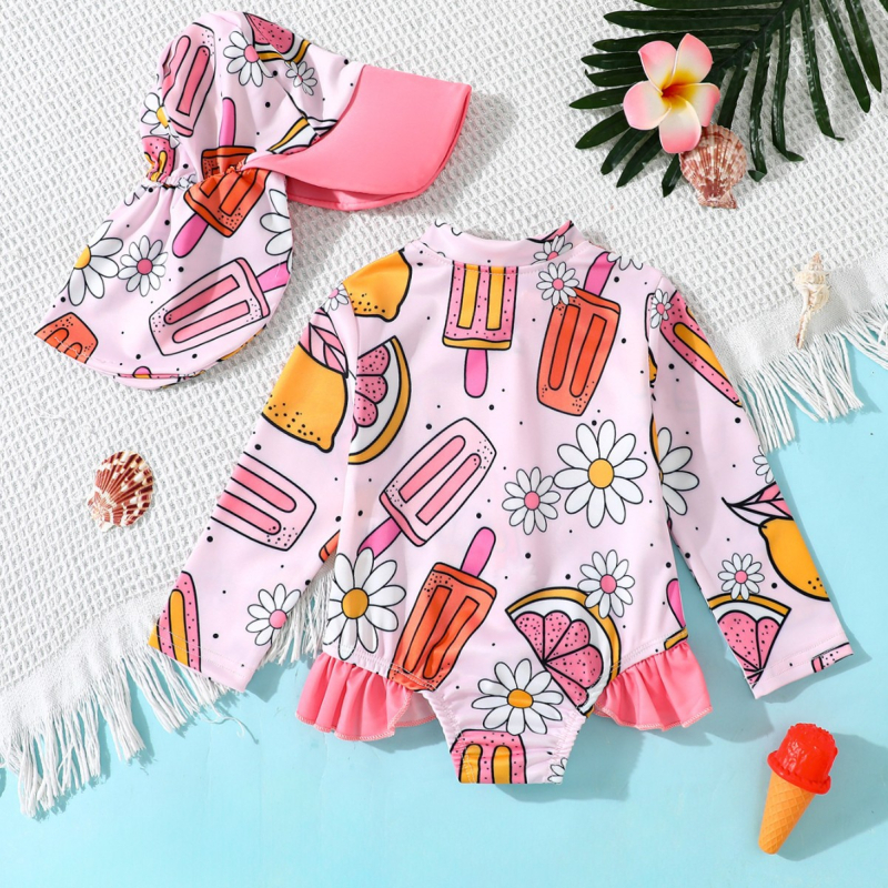 Prekogranična dječja odjeća, kupaći kostim, kapa za plivanje, crtani sladoled, sladoled s punim printom, modni kupaći kostim dugih rukava