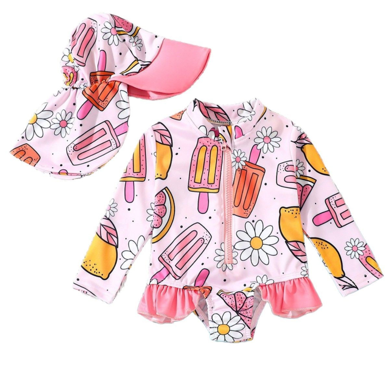 Prekogranična dječja odjeća, kupaći kostim, kapa za plivanje, crtani sladoled, sladoled s punim printom, modni kupaći kostim dugih rukava