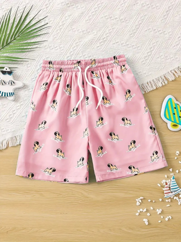 2024. aasta kuum 3D-digitaalprintimisega prantsuse buldogi kutsikamustriga roosad meeste puhkusepüksid ja meeste rannapüksid