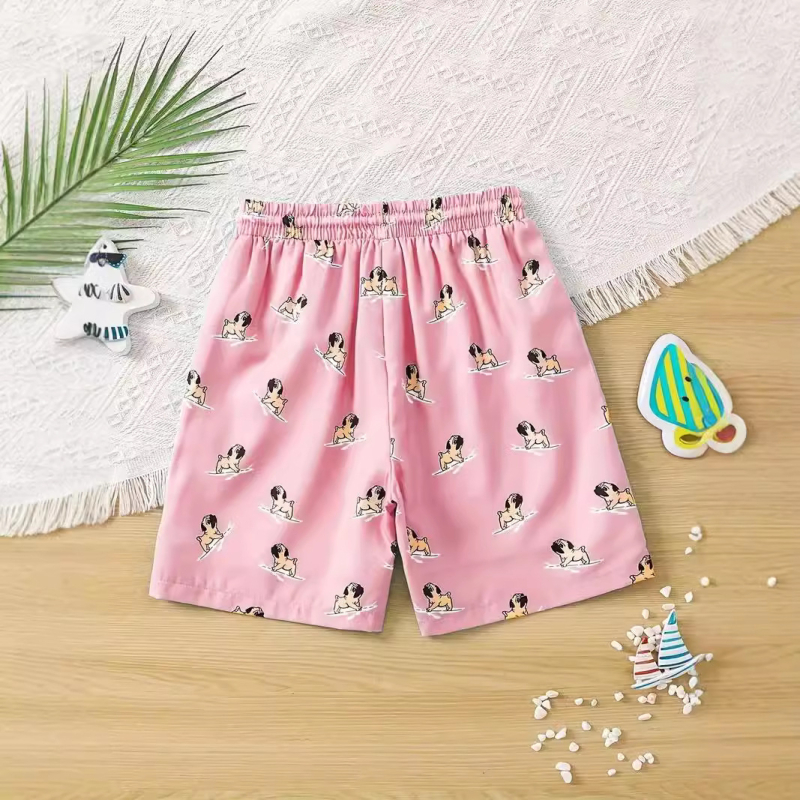 2024. aasta kuum 3D-digitaalprintimisega prantsuse buldogi kutsikamustriga roosad meeste puhkusepüksid ja meeste rannapüksid