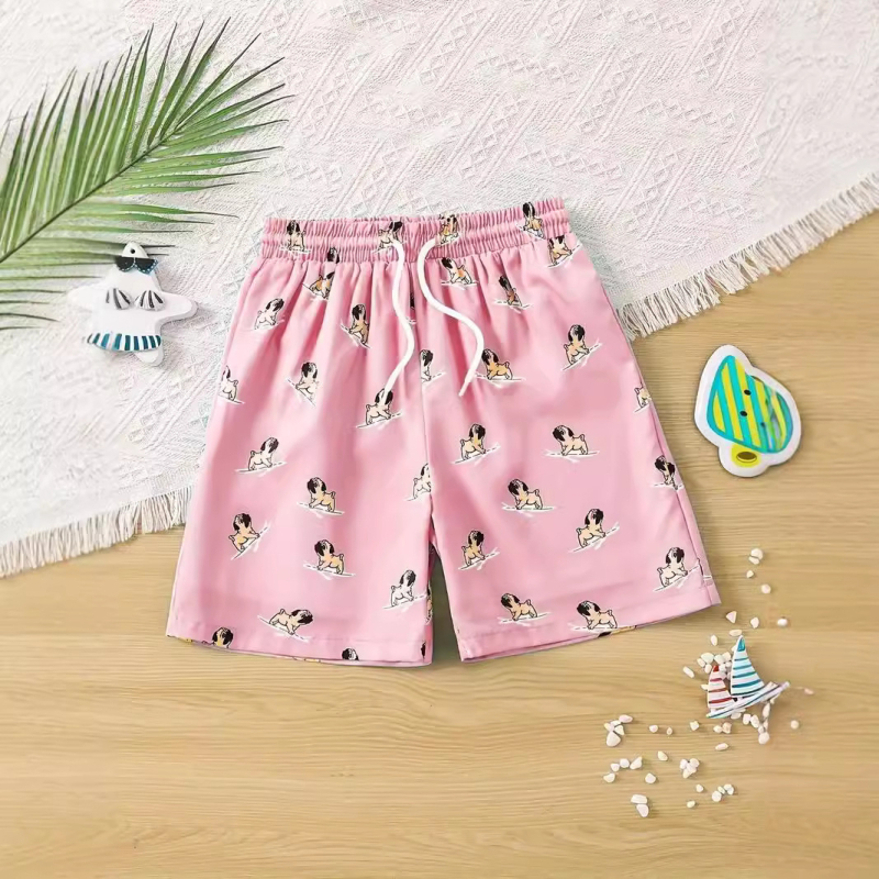 2024. aasta kuum 3D-digitaalprintimisega prantsuse buldogi kutsikamustriga roosad meeste puhkusepüksid ja meeste rannapüksid