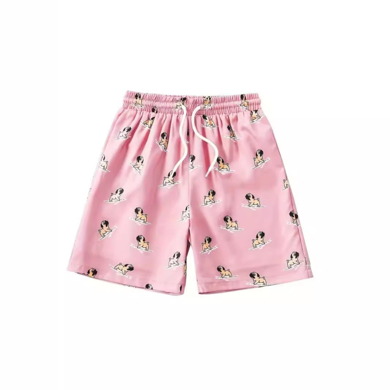 2024. aasta kuum 3D-digitaalprintimisega prantsuse buldogi kutsikamustriga roosad meeste puhkusepüksid ja meeste rannapüksid