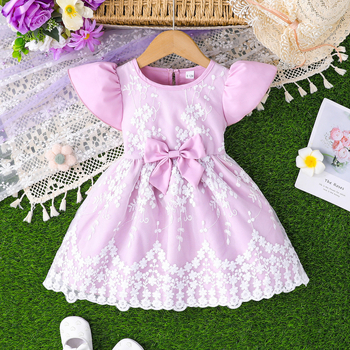 Letné roztomilé princeznovské šaty Cross Border 2025 s mašľou a ozdobnou čipkou a sieťovaným prešívaním