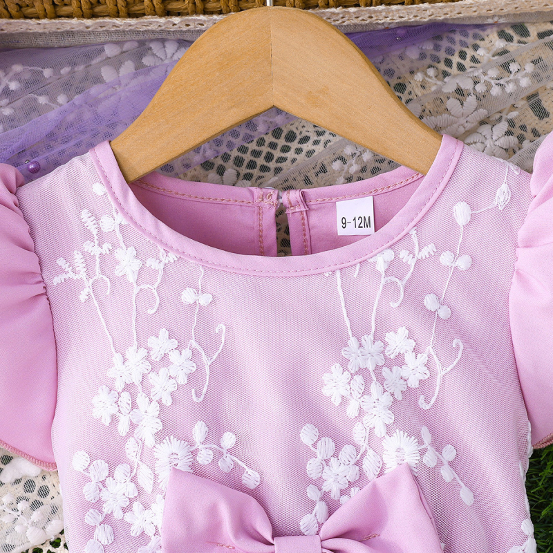 Letné roztomilé princeznovské šaty Cross Border 2025 s mašľou a ozdobnou čipkou a sieťovaným prešívaním