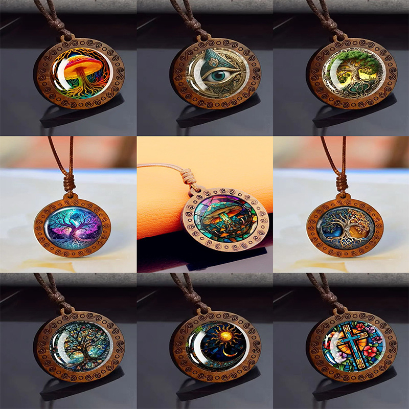 Hulgimüük: Puidust ripats, seenesilmadega rist, isetehtud, 9-osaline kaelakee, piiriülene, uus Euroopa ja Ameerika retrostiil, laos