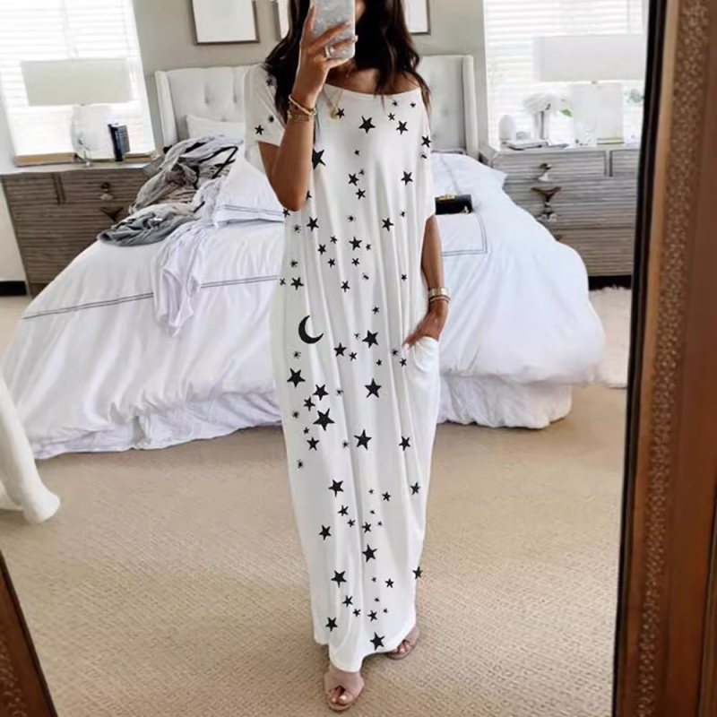 Prekogranična europska i američka ženska odjeća Amazon 2022 Ljeto Nova okrugla izrezana zvjezdana printana haljina kratkih rukava široke midi haljine