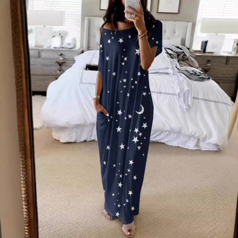 Prekogranična europska i američka ženska odjeća Amazon 2022 Ljeto Nova okrugla izrezana zvjezdana printana haljina kratkih rukava široke midi haljine