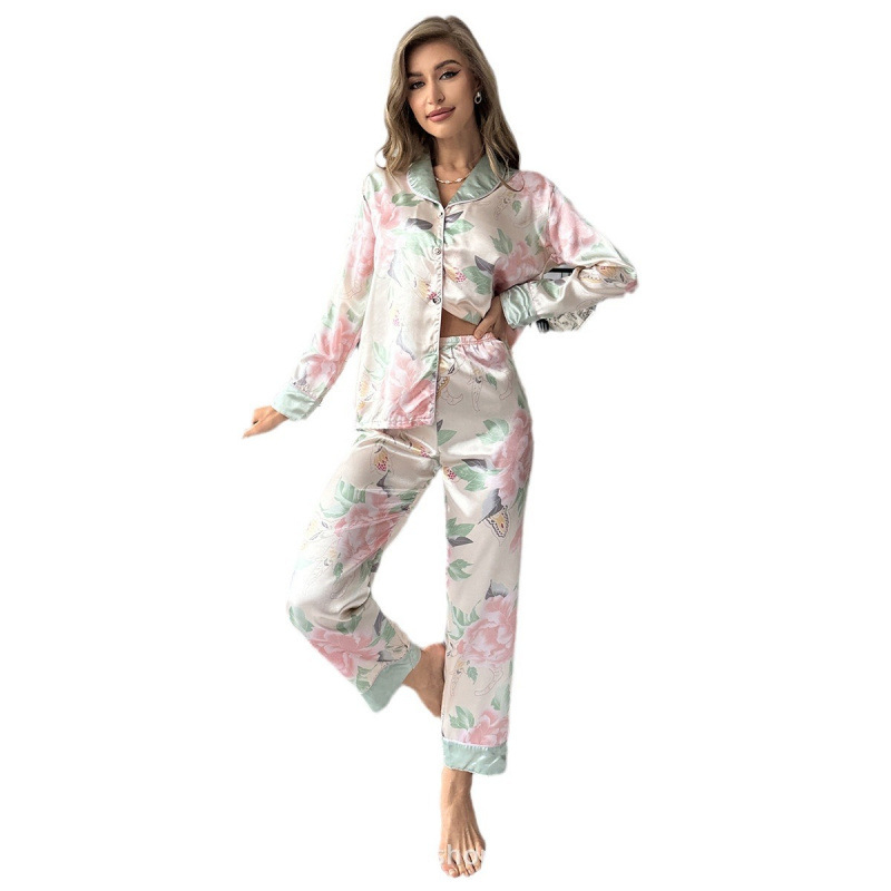 Prekogranični izvor 2024 novi nacionalni stil svilenih hlača dugih rukava, kardigan s cvjetnim uzorkom, može se nositi izvan kuće, odjeća i odijelo