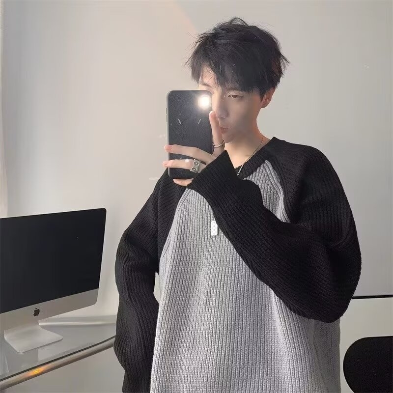 Trendový módny farebne zladený sveter s okrúhlym výstrihom pre mužov, ležérny voľný jarný jesenný zimný všestranný pletený sveter s rebrovaným dizajnom