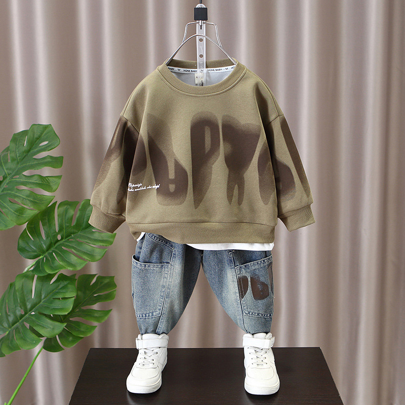 Chlapčenské jarné obleky 2024, Detské oblečenie, Jar a jeseň, Módne mikiny a džínsy s potlačou a písmenami pre veľké deti, Trendy