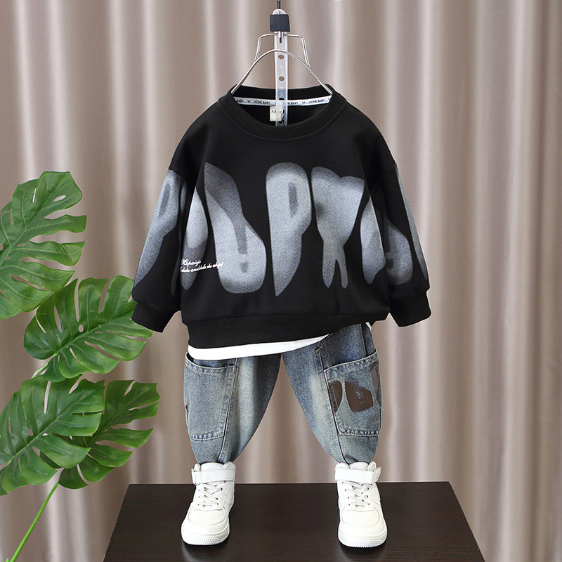 Chlapčenské jarné obleky 2024, Detské oblečenie, Jar a jeseň, Módne mikiny a džínsy s potlačou a písmenami pre veľké deti, Trendy