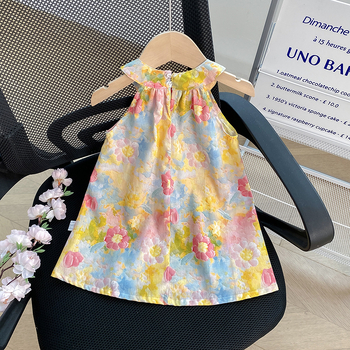 Ljeto 2024. Nova korejska slip suknja bez rukava s printom božura i okruglim izrezom za djevojčice