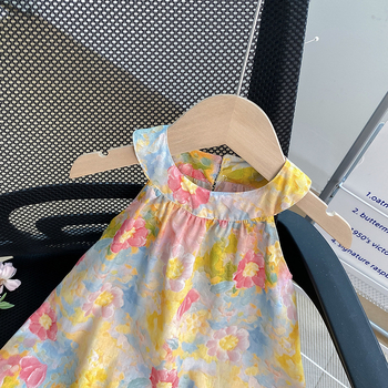 Ljeto 2024. Nova korejska slip suknja bez rukava s printom božura i okruglim izrezom za djevojčice