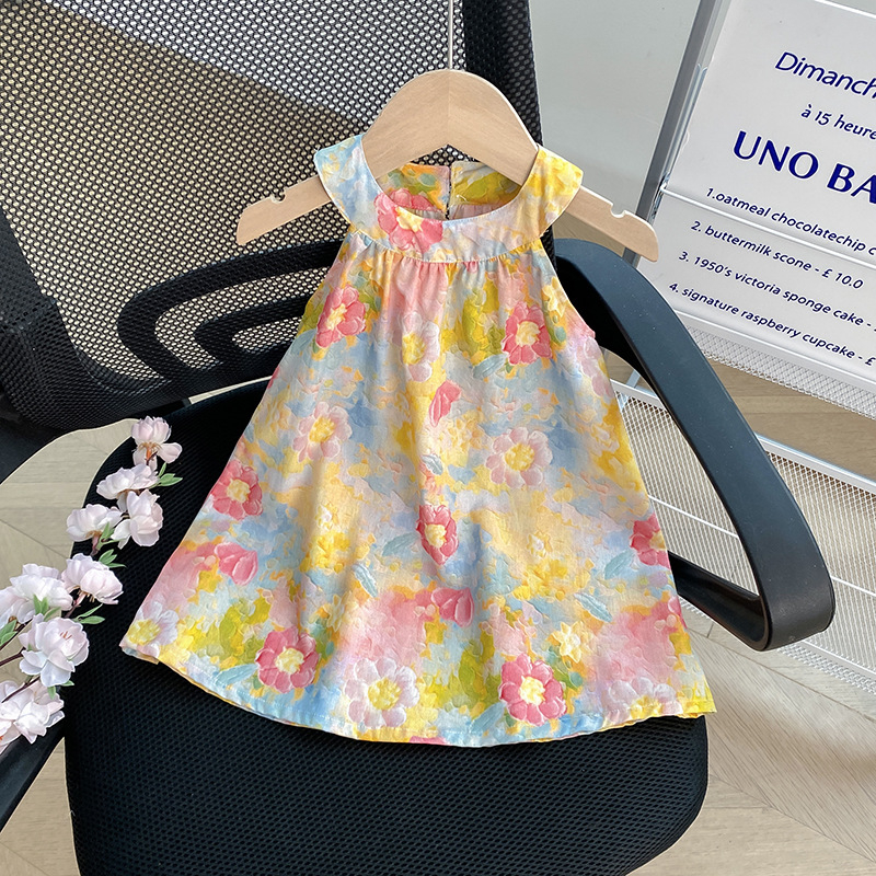 Ljeto 2024. Nova korejska slip suknja bez rukava s printom božura i okruglim izrezom za djevojčice