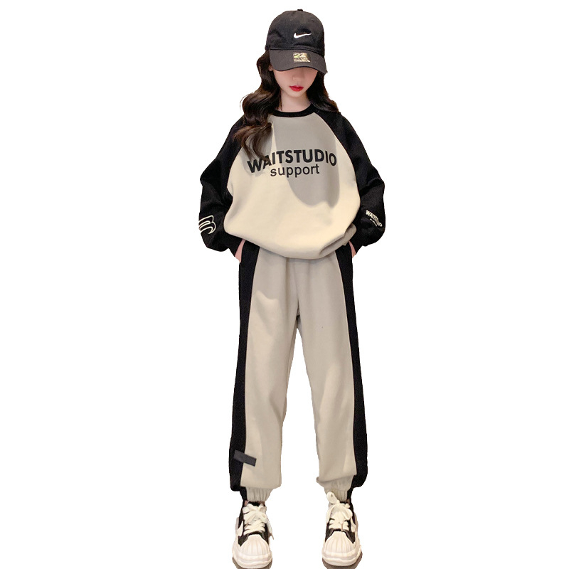 Dievčenské športové oblečenie, jesenné oblečenie, veľké detské oblečenie 2024, nové detské oblečenie v západnom štýle, detská móda, ležérny sveter, dvojdielna súprava